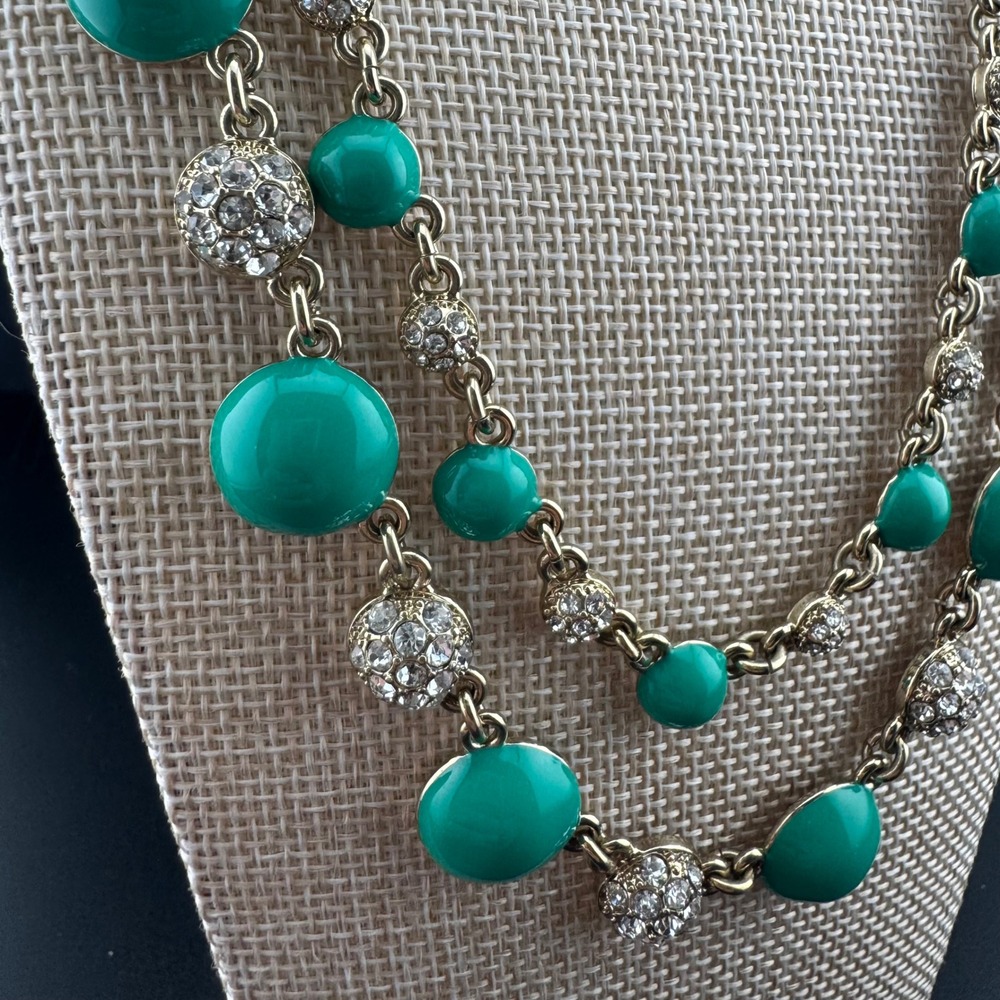 Pave Gold Tone Necklace Ann Taylor Green Cabochon Double Strand Toggle